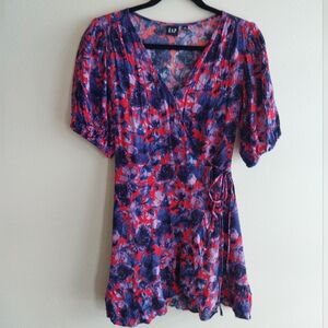 GAP Purple & Red Abstract Floral Short Sleeve Mini Wrap Dress